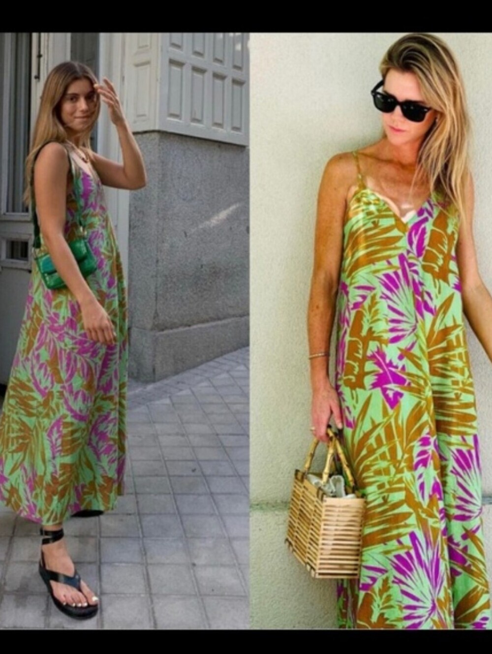 ZARA | PRINTED LINEN BLEND Maxi DRESS green Bloggers favorite sz M